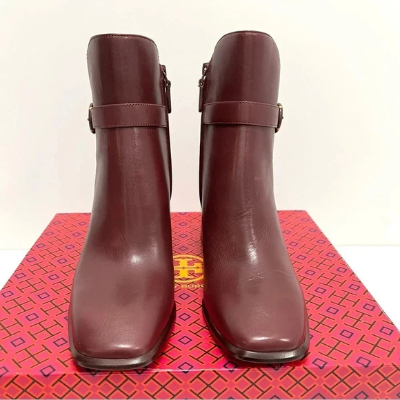 Tory Burch Multi Logo Buckle Boot Ankle Booties Square Toe Claret Burgundy 10 - Picture 3 of 14